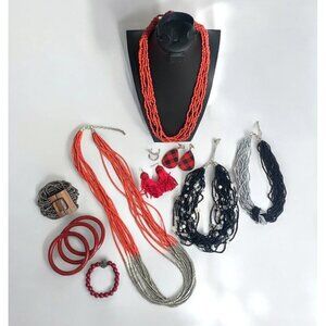 Boho Jewelry Bundle Red Silver Black Seed Bead Necklaces Bracelets Earrings